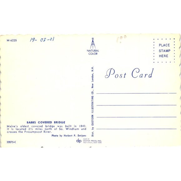 Babbs Covered Bridge Postcard Travel Souvenir Unposted Maine River Vintage - Picture 2 of 2